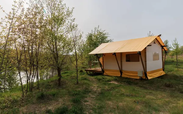 Yaz kampında içinde ışık olan rahat glamping çadırları. Yaz tatili ve tatil için kamp çadırı