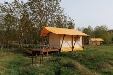 Yaz kampında içinde ışık olan rahat glamping çadırları. Yaz tatili ve tatil için kamp çadırı