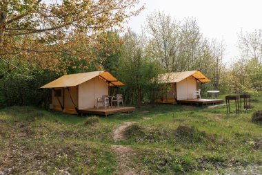 Yaz kampında içinde ışık olan rahat glamping çadırları. Yaz tatili ve tatil için kamp çadırı