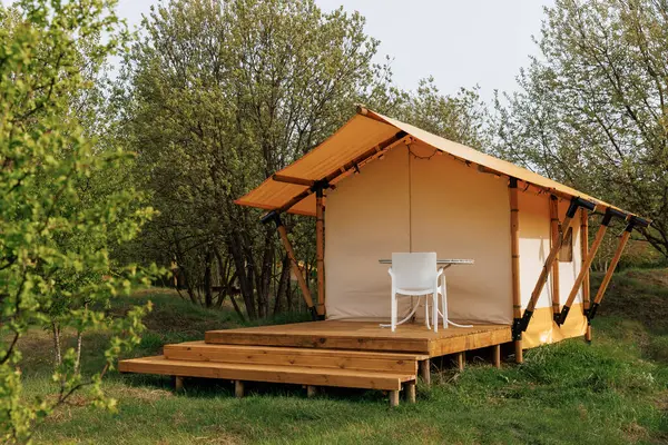 Yaz kampında içinde ışık olan rahat glamping çadırları. Yaz tatili ve tatil için kamp çadırı