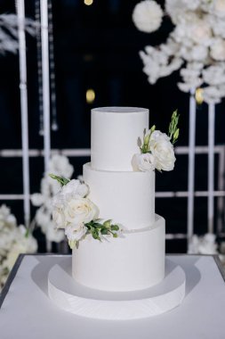 Çiçek aksanlı, minimalist üç kademeli beyaz bir pasta ile zarif bir düğün hazırlığı. Gece gökyüzünün altında, yemyeşil beyaz çiçeklerle çevrili. Lüks etkinlikler ve zarif kutlamalar.