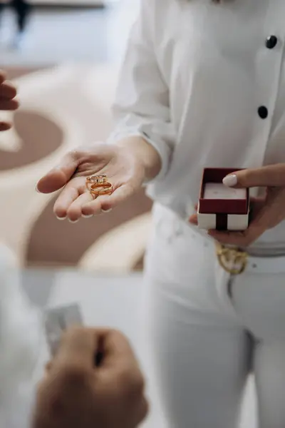 stock image Exchanging wedding rings in a beautiful ceremony, symbolizing love, commitment, and union. High quality photo