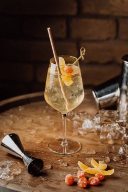 Şarap kadehinde narenciye aromalı güzel bir kokteyl. Lüks yemekler ve bar promosyonları için mükemmel. Yüksek kalite fotoğraf