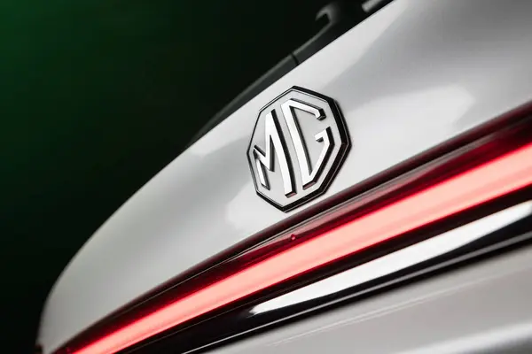 stock image Vinnitsa, Ukraine - February 03, 2024: Close-up of MG Marvel R logo, showcasing the brands iconic emblem on the electric SUV. High quality photo