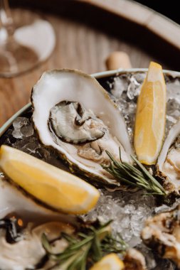 Limon dilimleri ve biberiyeyle servis edilen taze istiridye. Gurme deniz ürünleri aşıkları için mükemmel. Yüksek kalite fotoğraf