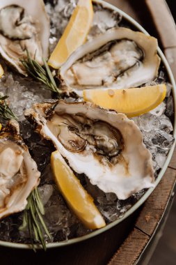 Limon dilimleri ve biberiyeyle servis edilen taze istiridye. Gurme deniz ürünleri aşıkları için mükemmel. Yüksek kalite fotoğraf