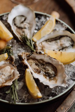 Buzlu taze istiridye, gurme deniz ürünleri yemekleri ve güzel yemek deneyimleri için idealdir. Yüksek kalite fotoğraf