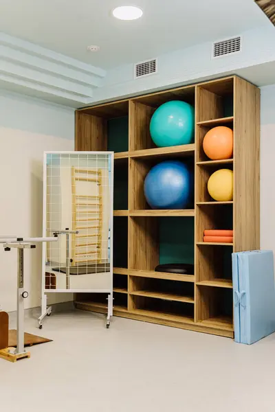 stock image Exercise equipment in a modern rehabilitation center, including therapy balls and mobility aids. High quality photo