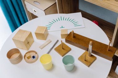 Rehabilitation therapy tools on a table in a physiotherapy clinic for patient recovery exercises. High quality photo