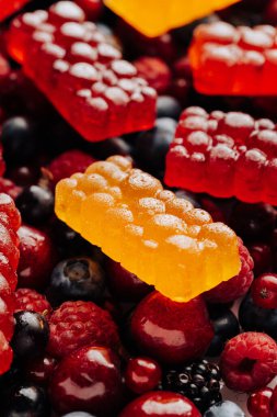 Taze meyve ve böğürtlen üzerine renkli doğal böğürtlen reçeli, sağlıklı bir hoşgörü. Yüksek kalite fotoğraf