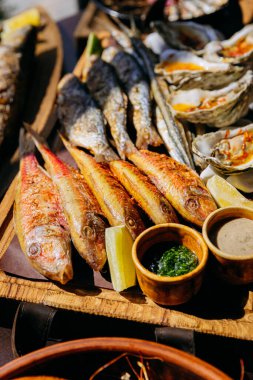 Taze istiridyeli ızgara balık çeşitleri, deniz ürünleri aşıkları ve gurme yemekleri için mükemmel. Yüksek kalite fotoğraf