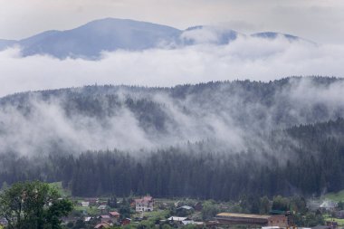 Foggy morning in Vorokhta with view of Carpathian forest and mountains. Scenic nature landscape. High quality photo clipart