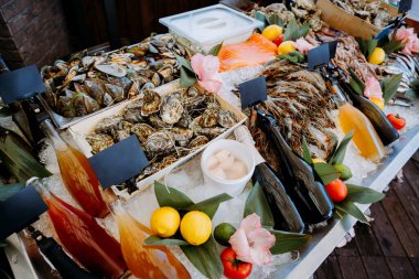 Bir gurme ziyafeti için deniz ürünleri büfesi, istiridye, karides, içecek ve buzlu taze garnitür. Yüksek kalite fotoğraf