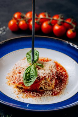 Taze fesleğenli klasik lazanya, domates sosu ve mükemmel kaplanmış parmesan peyniri. Yüksek kalite fotoğraf