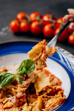 Çatal dolusu lazanya, taze fesleğen ve domates sosu. Yemek fotoğrafçılığı için mükemmel. Yüksek kalite fotoğraf