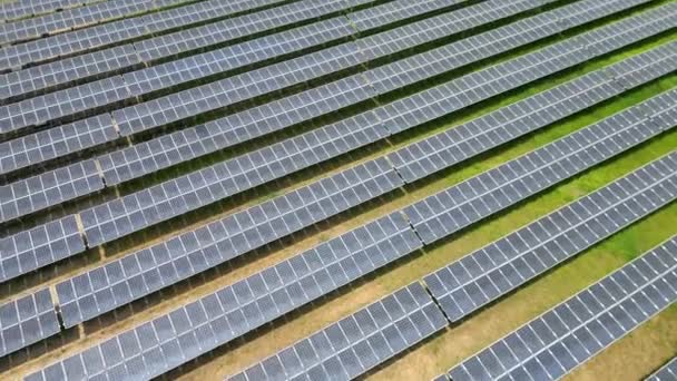 太陽光発電所や太陽光発電所での太陽電池パネルのトップの空中ビュー 将来のエネルギー資源のための再生可能エネルギー産業持続可能性とクリーンエネルギー 電気の代替源 太陽光発電所 — ストック動画