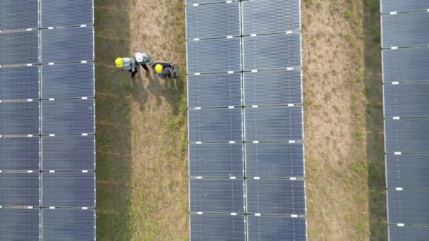 Top View Engineers Inspects Construction Solar Cell Panel Drone Flight — Stock Video