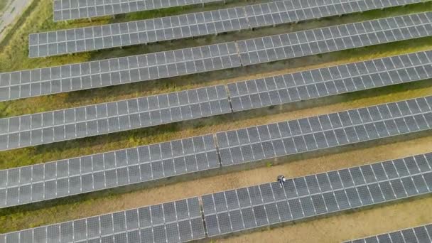 在太阳能农场步行查看太阳能电池板的工人的头像 无人机飞越太阳能电池板地面可再生绿色替代能源 — 图库视频影像