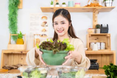 Genç Asyalı kadın salata sebzesiyle sağlıklı yiyecekler yiyor. Güzel bir iç mutfakta kilerde oturan bir kadın. Yerel ürünlerden ve malzemelerden alınan temiz diyet gıdaları taze pazardır..