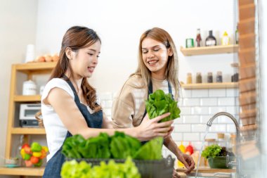 Genç kadınlar salata sebzeli sağlıklı yemek hazırlıyorlar. Bir kadın güzel bir iç mutfakta kilerde dikiliyor. Yerel ürünlerden ve malzemelerden alınan temiz diyet gıdaları taze pazardır..