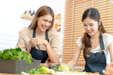 Gülümseyen kadınlar taze sağlıklı salata sebzeleri hazırlıyorlar. Güzel bir iç mutfakta kilerde oturan bir kadın. Yerel ürünlerden ve malzemelerden alınan temiz diyet gıdaları taze pazardır..