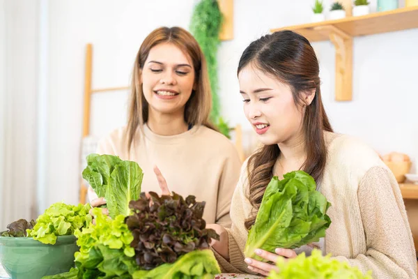 stock image Smiling women preparing fresh healthy salad vegetables. woman sitting at pantry in a beautiful interior kitchen. The clean diet food from local products and ingredients Market fresh.