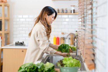 Gülümseyen kadın taze sağlıklı salata sebzeleri hazırlıyor. Güzel bir iç mutfakta kilerde duran bir kadın. Yerel ürünlerden ve malzemelerden alınan temiz diyet gıdaları taze pazardır..