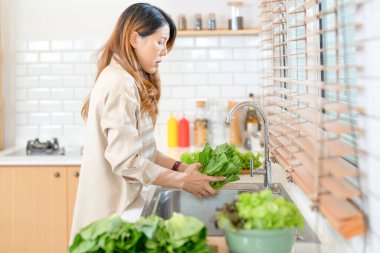 Gülümseyen kadın taze sağlıklı salata sebzeleri hazırlıyor. Güzel bir iç mutfakta kilerde duran bir kadın. Yerel ürünlerden ve malzemelerden alınan temiz diyet gıdaları taze pazardır..
