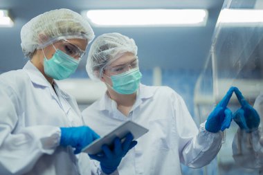 Kadın fabrika işçileri endüstriyel fabrikadaki makine sistemlerini kontrol ediyorlar. Kadınlar içecek ve gıda üretimi için temiz odalarda çalışıyorlar