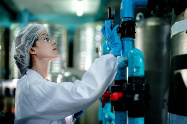 Endüstriyel fabrikadaki ters osmoz makinesinin kalitesini kontrol eden bilim adamı. Geri dönüşümlü taşınabilir fabrika için ölçü basıncıyla kontrol panelinde veri kaydeden kadın işçi.