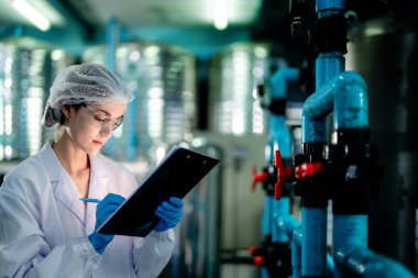 Endüstriyel fabrikadaki ters osmoz makinesinin kalitesini kontrol eden bilim adamı. Geri dönüşümlü taşınabilir fabrika için ölçü basıncıyla kontrol panelinde veri kaydeden kadın işçi.