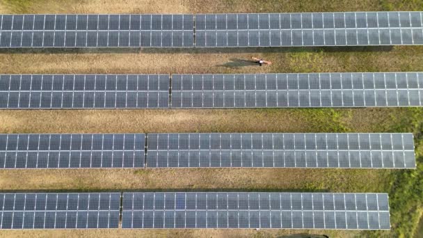 Widok Pracownika Chodzącego Farmie Słonecznej Sprawdzenia Panelu Słonecznego Inżynierowie Sprawdzają — Wideo stockowe