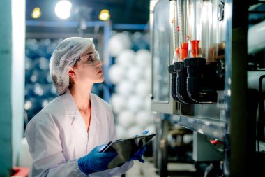 Endüstriyel fabrikadaki ters osmoz makinesinin kalitesini kontrol eden bilim adamı. Geri dönüşümlü taşınabilir fabrika için ölçü basıncıyla kontrol panelinde veri kaydeden kadın işçi.