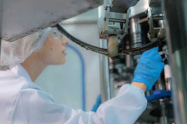 機械の水ディスペンサーを点検する工場女性エンジニア 労働者は産業工場の機械コンベヤー ラインの水びんの質を点検します — ストック写真