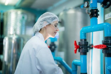 Endüstriyel fabrikadaki ters osmoz makinesinin kalitesini kontrol eden bilim adamı. Geri dönüşümlü taşınabilir fabrika için ölçü basıncıyla kontrol panelinde veri kaydeden kadın işçi.