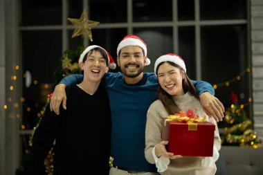 Bir grup Asyalı arkadaş yeni yıl kutlaması için Noel partisinin tadını çıkarıyorlar. Arkadaşlar evde birlikte eğleniyor..