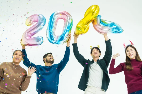 Group People Holding Fantasy Color Balloons Bubble Number 2024 New — Stock Photo, Image