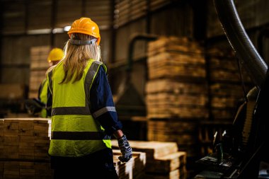 Takım çalışanı marangoz, güvenlik üniforması ve şapka takıyor atölyedeki ahşap ürünlerin kalitesini kontrol ediyor. Erkek ve kadın işçiler karanlık depo endüstrisinde ahşap..