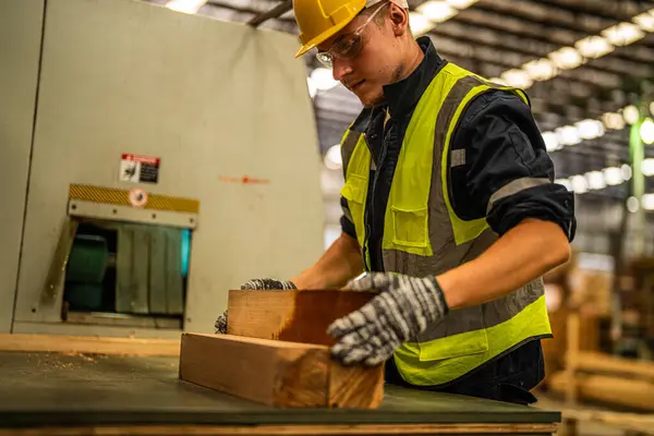 木材材料を使用する工場エンジニアの男 労働者は産業工場で重機で働いている 機械設備プラントの技術を使って スマートな企業の労働者は作動します ストック画像