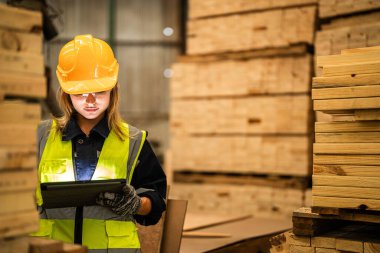 Marangoz kadın güvenlik üniforması ve şapka takıyor atölyedeki ahşap ürünlerin kalitesini kontrol ediyor. Erkek ve kadın işçiler karanlık depo endüstrisinde ahşap..