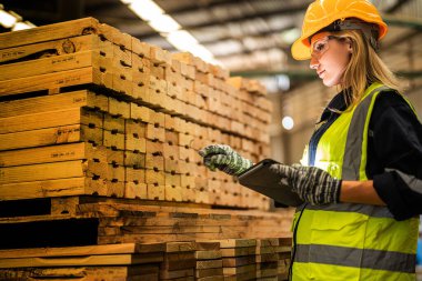 Marangoz kadın güvenlik üniforması ve şapka takıyor atölyedeki ahşap ürünlerin kalitesini kontrol ediyor. Erkek ve kadın işçiler karanlık depo endüstrisinde ahşap..