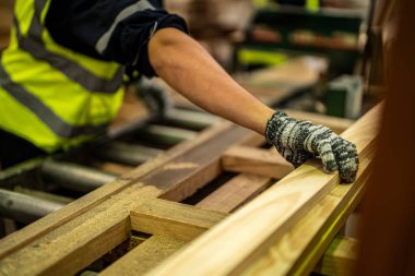 Karanlık depo endüstrisinde ahşap temizleyen eller. Takım çalışanı marangoz, güvenlik üniforması ve sıkı bir şapka giyer atölyede ahşap ürünlerin kalitesini kontrol eder ve çalışır..