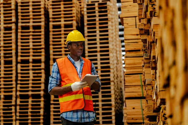 African Worker Carpenter Wearing Safety Uniform Hard Hat Working Checking — Stock Photo, Image