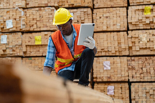 African workers man engineering walking and inspecting with working suite dress and hand glove in timber wood warehouse. Concept of smart industry worker operating. Wood factories produce wood palate.