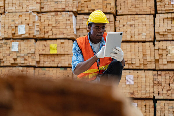 African workers man engineering walking and inspecting with working suite dress and hand glove in timber wood warehouse. Concept of smart industry worker operating. Wood factories produce wood palate.