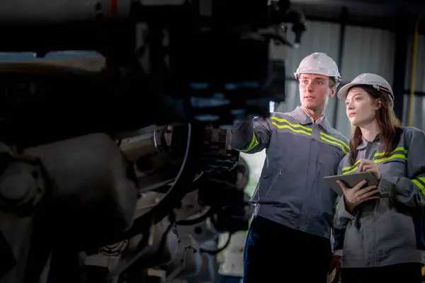 Engineers Check Control Heavy Machine Robot Arm Diverse Team Industrial — Stock Photo, Image