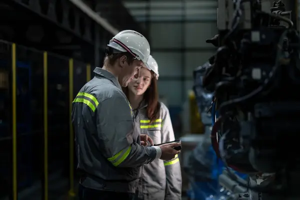 スマートタブレットで機械を検査工場エンジニアの女性 労働者は機械のロボットアームで働く 工業工場の遠隔システムを備えた溶接機 人工知能の概念 — ストック写真