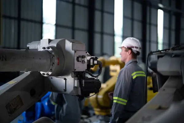 Engineers Check Control Heavy Machine Robot Arm Diverse Team Industrial Stock Image