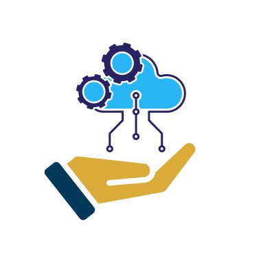 Teknoloji ikonu. Otomatik Bulut bilgisayarı hazır. Bulut ve vitesli düğümler. Otomasyon, yapay zeka. Düz tasarım biçimi