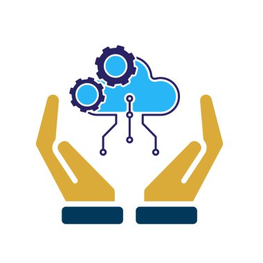 Teknoloji ikonu. Otomatik Bulut bilgisayarı hazır. Bulut ve vitesli düğümler. Otomasyon, yapay zeka. Düz tasarım biçimi